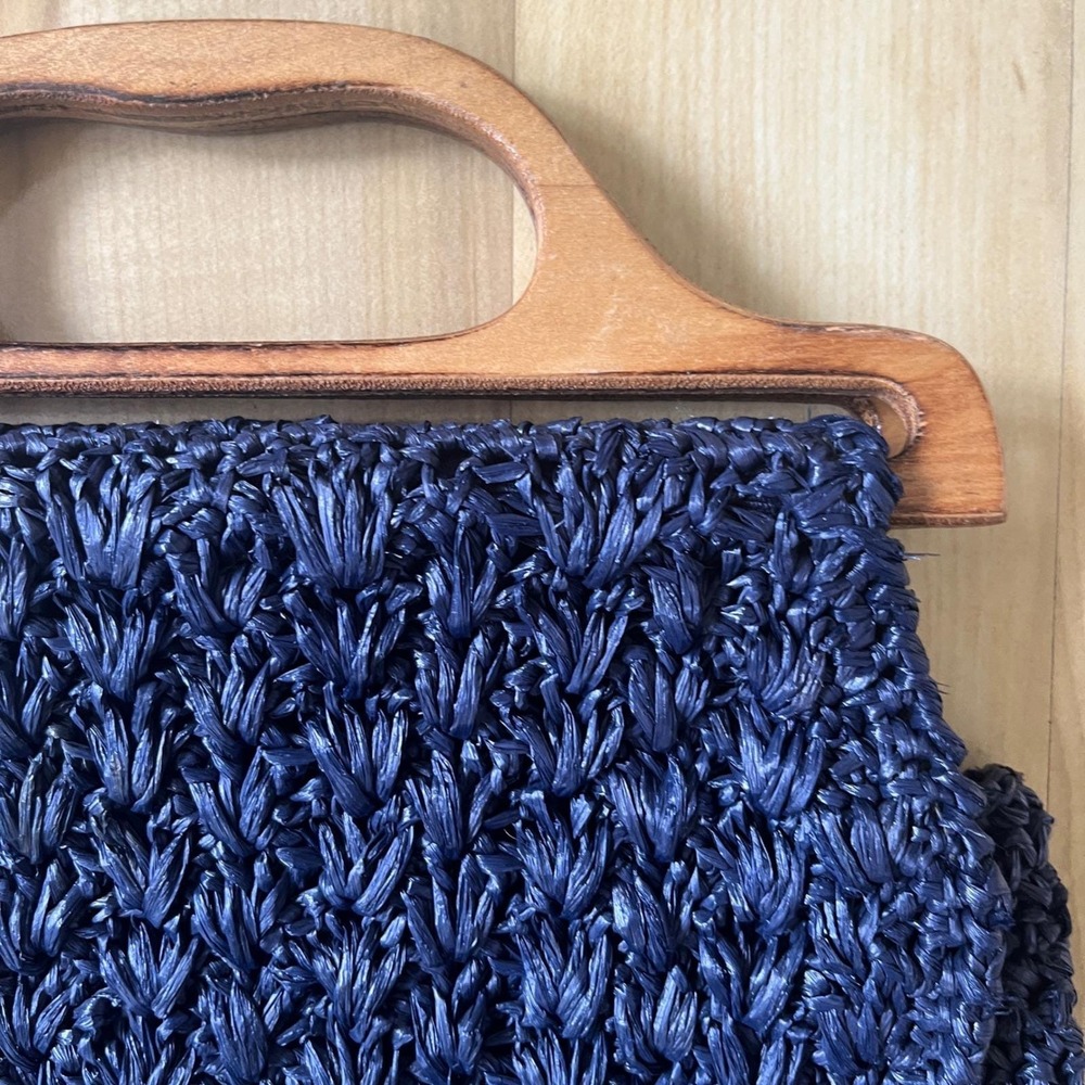 Vintage Handbag Straw Navy Blue Wood Coastal Beach Preppy Cottage‎ Classic Vacay - Picture 9 of 12